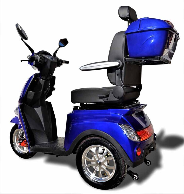 Seniorenmobil Eco Engel 504 Dreirad in blau von hinten mit Topcase