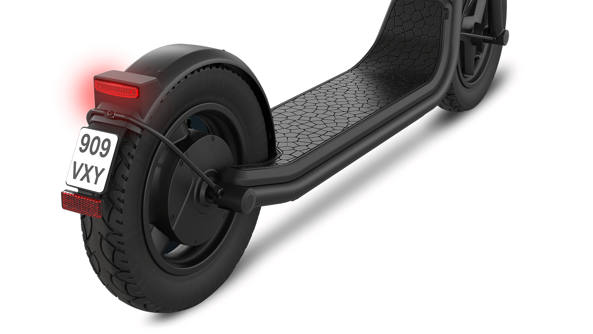 Rückansicht mit Bremsleuchte und Nummernschild von eScooter Egret X